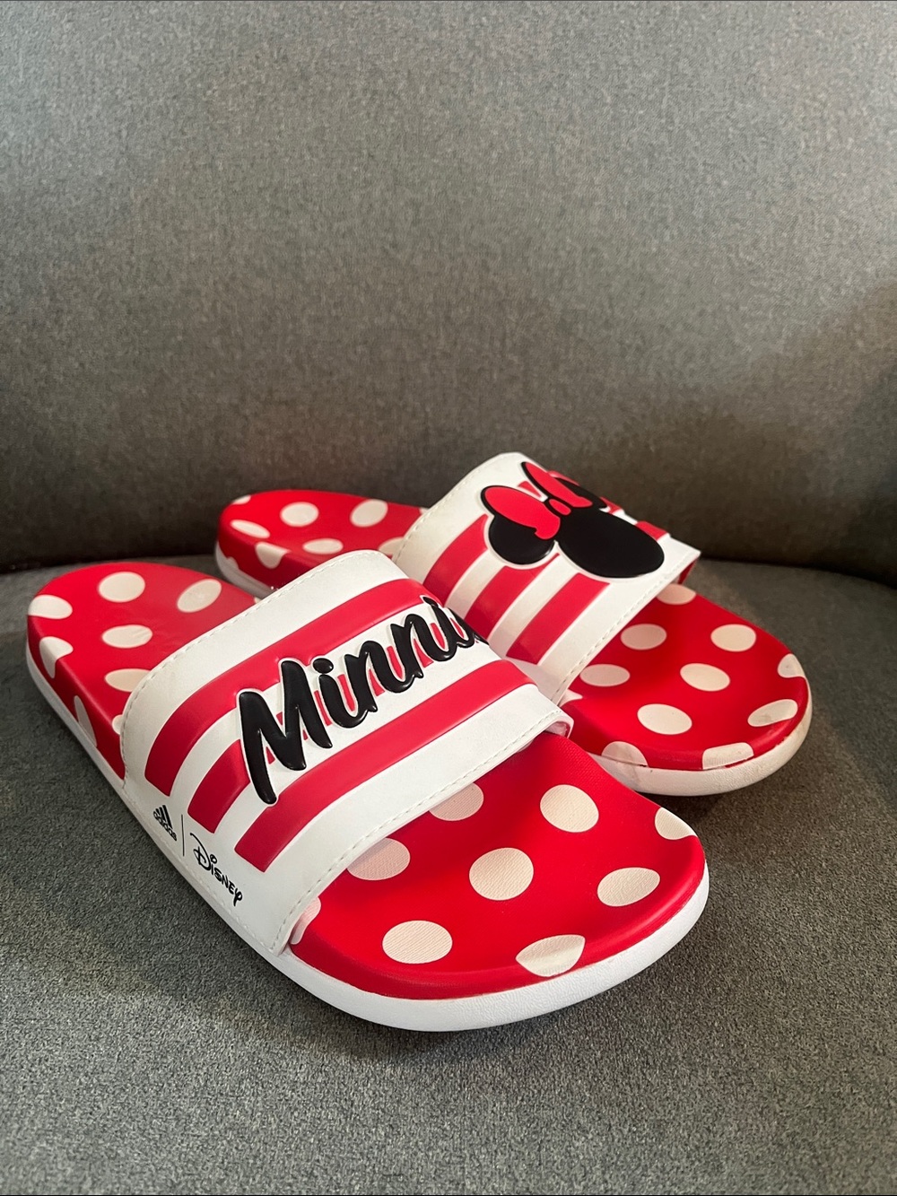 Adidas X Disney Minnie Mouse Red and White Polka Dot Slide Sandals